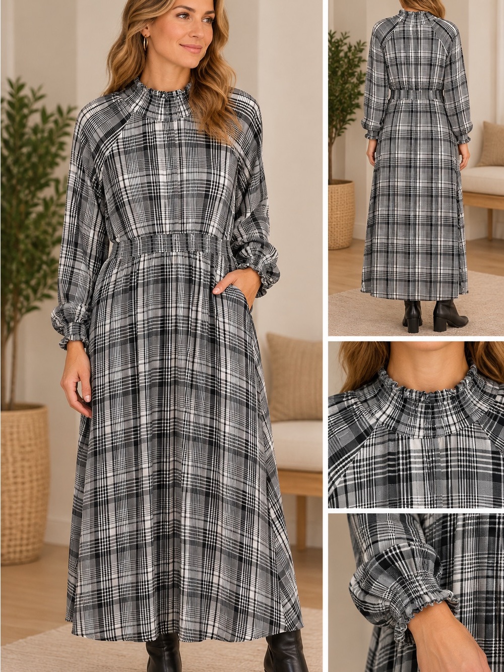 a new day Black and White Plaid Long Sleeve Dress